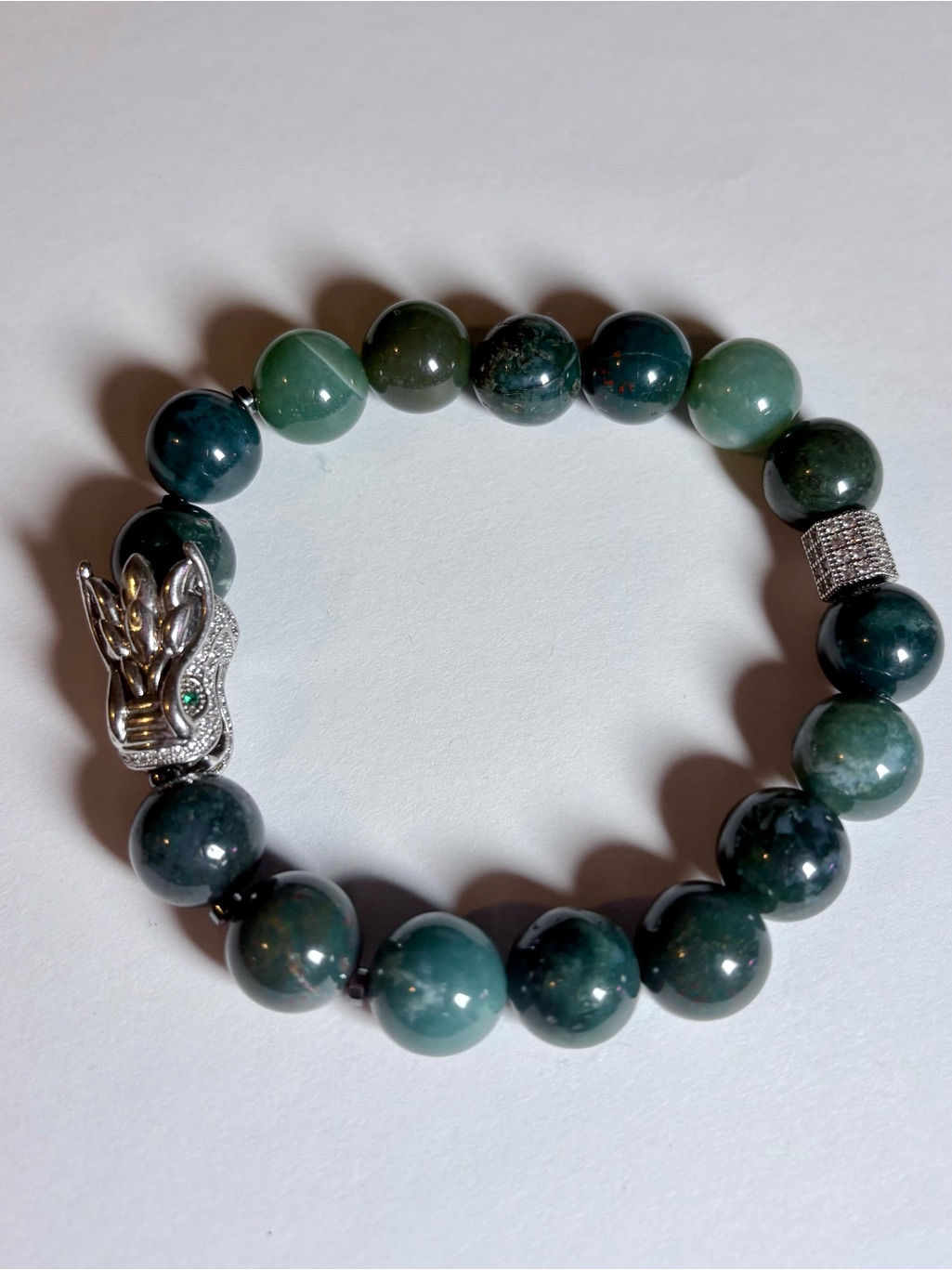 Men Green Moss Agate Bead Bracelet With Silver Accent Charm